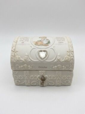 Vtg Precious Moments October Birthstone Keepsake Heart Trinket Box - Opal Heart